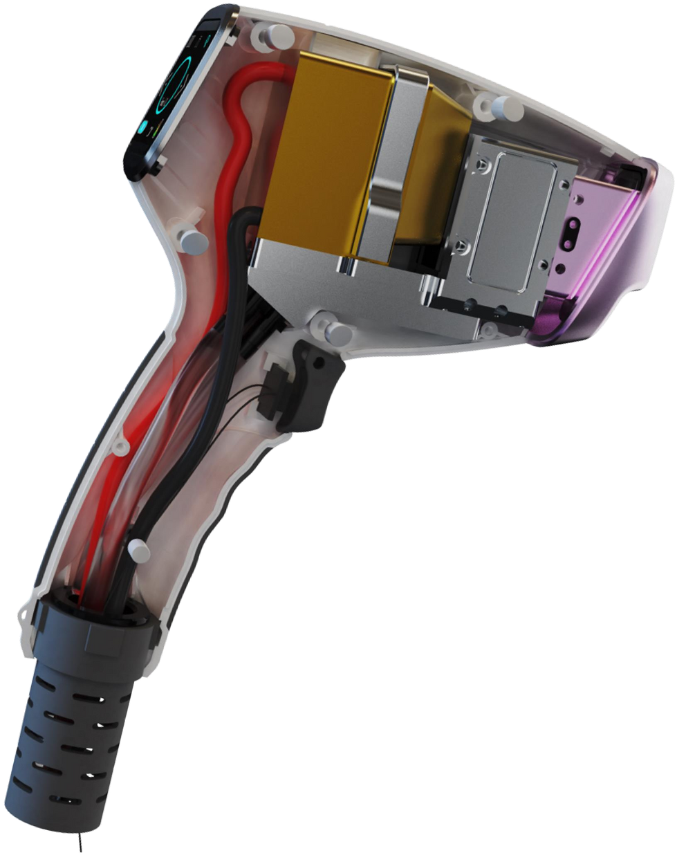 Cutaway illustration of laser handpiece with cooling components and sapphire contact crystal