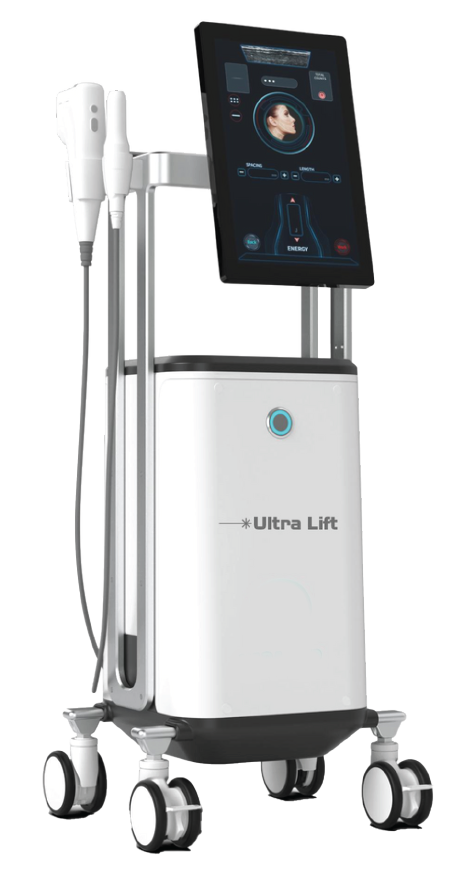 Ultra Lift 7D HIFU professional treatment system on wheels, with upright display and handpieces