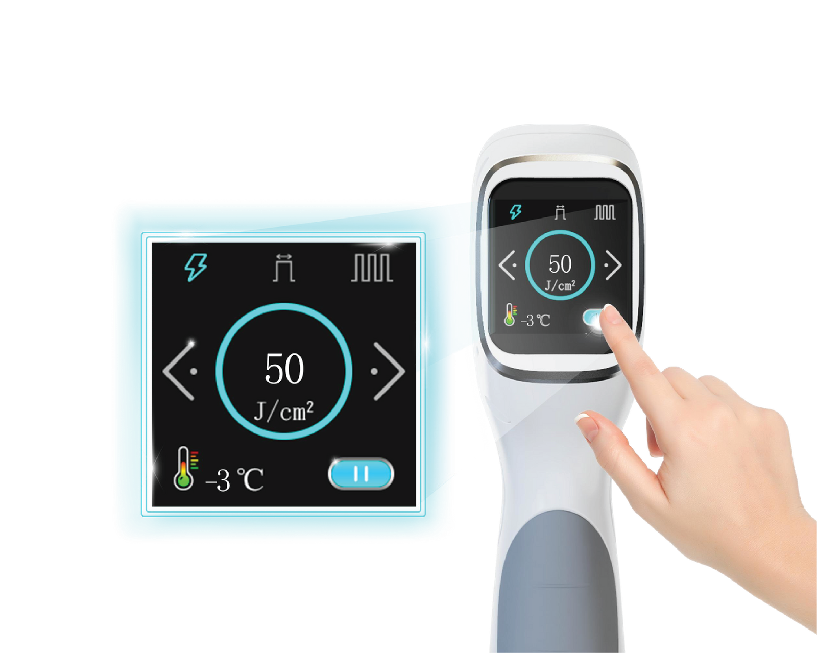 Close-up of the portable diode laser handpiece touchscreen