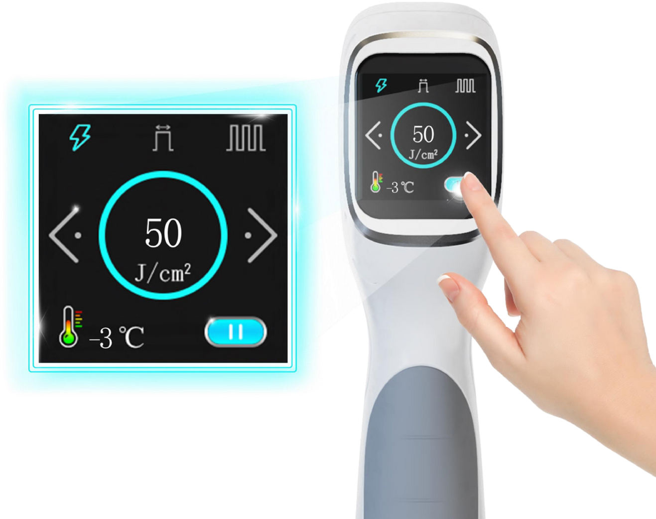 Vertical diode laser handpiece OLED touchscreen showing energy and cooling status